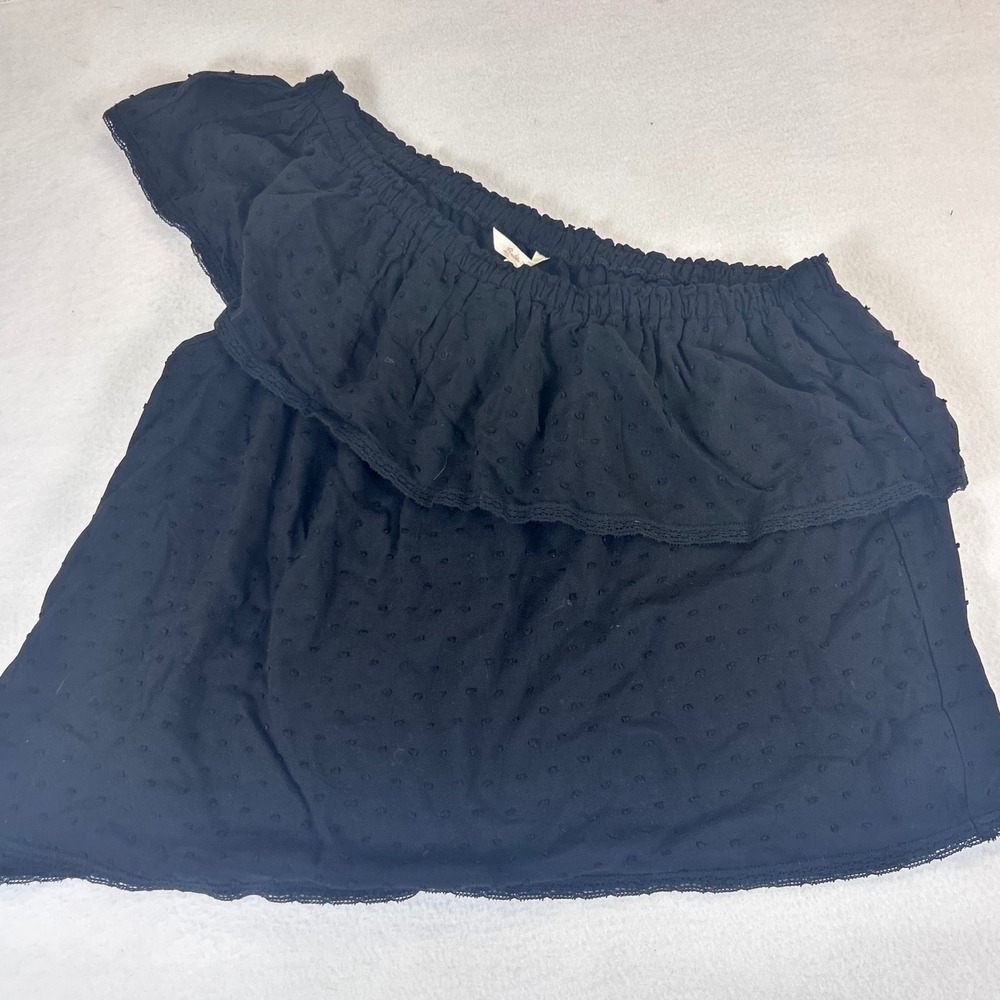 Beltaine Womens Black One Shoulder Swiss Dot‎ Ruffle Lace Trim Top Size M